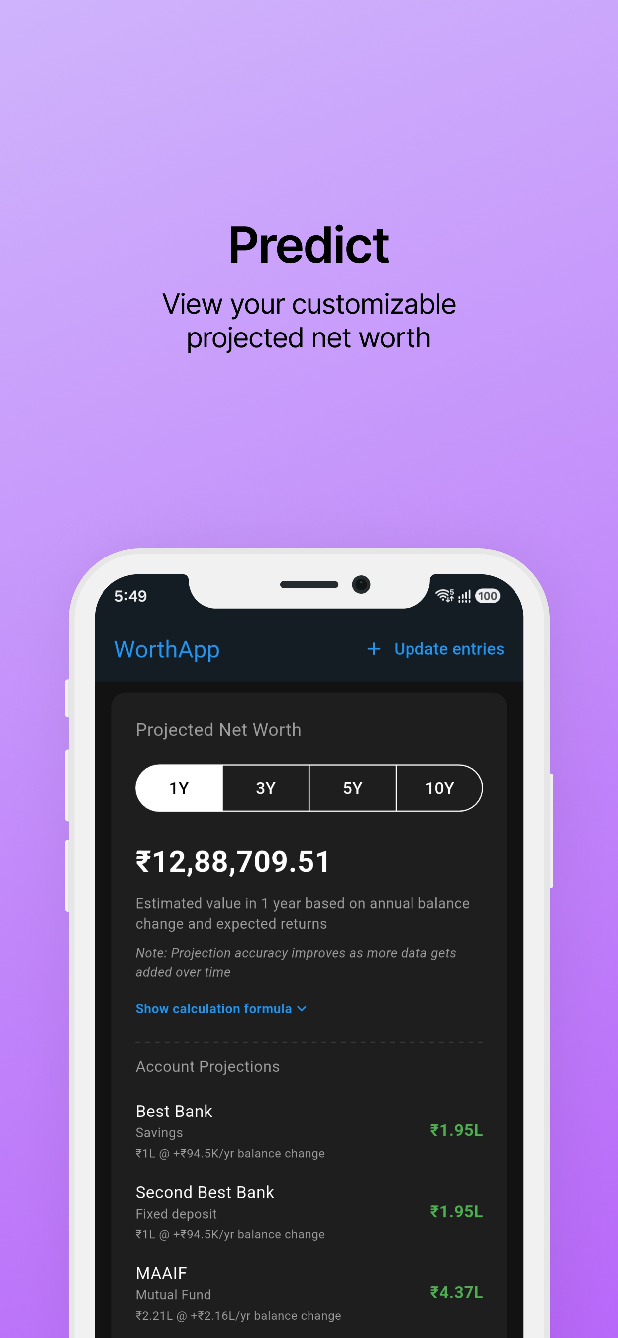 Projected net worth within summary section
